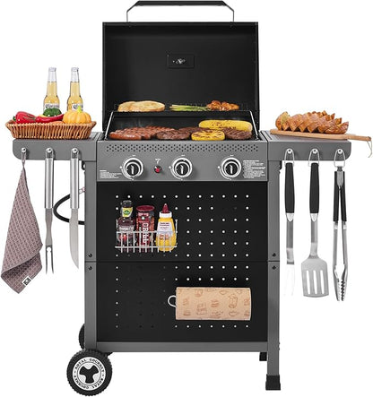 Royal Gourmet GL3001 3-Burner Gas Grill with Pegboard, 420 Sq. In. Cooking Area, 19,500 BTU, Foldable Side Shelves with Hooks, Two Large Wheels, Ideal for Backyard and Patio, Black & Cool Gray