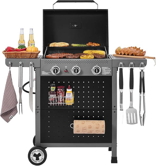 Royal Gourmet GL3001 3-Burner Gas Grill with Pegboard, 420 Sq. In. Cooking Area, 19,500 BTU, Foldable Side Shelves with Hooks, Two Large Wheels, Ideal for Backyard and Patio, Black & Cool Gray