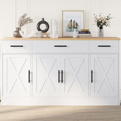 Shintenchi Buffet Cabinet with Storage,53.4" Large Kitchen Storage Cabinet with 3 Drawers and 4 Doors,Wood Farmhouse Buffet Sideboard with Adjustable Shelf for Kitchen Living Room, White