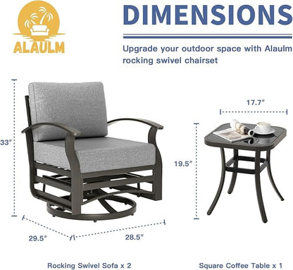 ALAULM 3 Piece Aluminum Outdoor Swivel Chairs High Back Metal Swivel Rocking Chairs with 5.1" Sponge Cushions &1 Coffee Table for Patio, Porch, Backyards, Garden(Grey)