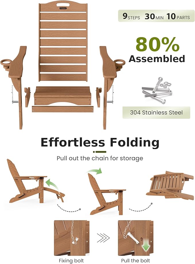 Ciokea Folding Adirondack Chair Set of 4 with Retractable Ottoman Fire Pit Patio Chair with Pull Out Foot Rest Weather Resistant Lawn Outdoor Chair with 2 Cup Holder (Teak)