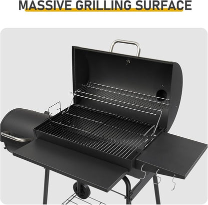 Charcoal BBQ Grills Outdoor,Spacious Barrel Barbecue Grill with Side Front Table,BBQ Smoker Grill for Backyard Cooking Patio Grilling Tailgating Party Camping Picnic