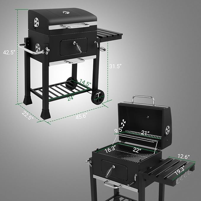 Charcoal Grill Barbecue Grills with Thermometer, Foldable Side Table and Wheels, Heavy-duty BBQ Grill for Garden Party Picnic Hiking Backyard Cooking, Easy to Assemble, Asadores de Carbon (Black)