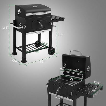 Charcoal Grill Barbecue Grills with Thermometer, Foldable Side Table and Wheels, Heavy-duty BBQ Grill for Garden Party Picnic Hiking Backyard Cooking, Easy to Assemble, Asadores de Carbon (Black)