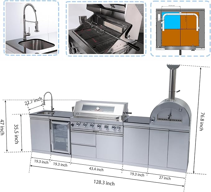 128-Inch 120000- BTU Stainless Steel Propane Gas BBQ Grill Modular Outdoor Kitchen Island,485Sq.In Cooking Area,Pizza oven,Wine Cooler,Refrigerator,Rotisserie,Storage Cabinets & Drawers,Silver