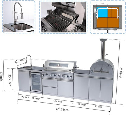 128-Inch 120000- BTU Stainless Steel Propane Gas BBQ Grill Modular Outdoor Kitchen Island,485Sq.In Cooking Area,Pizza oven,Wine Cooler,Refrigerator,Rotisserie,Storage Cabinets & Drawers,Silver