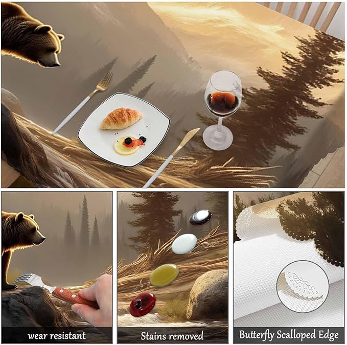 Swono Grizzly Bear Tablecloths Animal Bear Brook Canyon Forest Mountain Nature Kitchen Dinning Tabletop Decoration, Polyester Table Cover for Indoor Outdoor 50x72 Inch Tablecloth