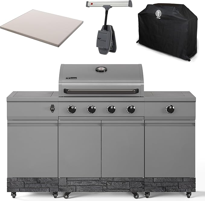 Tytus Fresno 5-Burner Propane or Natural Gas Island Grill – 864 sq. in. Cooking, 48,000 BTU Main + 12,000 BTU Side Burner, Porcelain Grates, Storage Cabinets, Semi-Portable - GM/Graphite Deluxe Kit