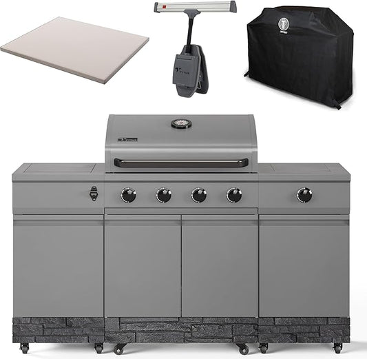 Tytus Fresno 5-Burner Propane or Natural Gas Island Grill – 864 sq. in. Cooking, 48,000 BTU Main + 12,000 BTU Side Burner, Porcelain Grates, Storage Cabinets, Semi-Portable - GM/Graphite Deluxe Kit