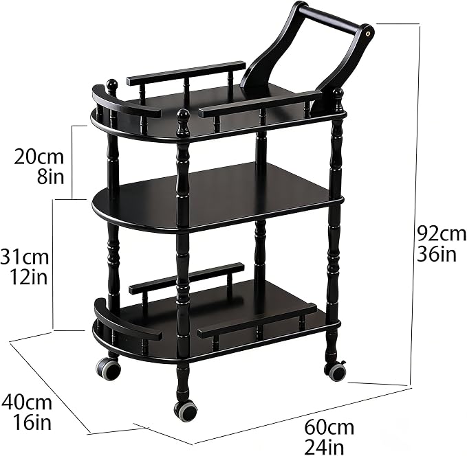 Entertainment Kitchen Cart, Midcentury Modern Imported rubberwood Black Finished Wood 3-Tier Mobile Bar Cart Serving Cart