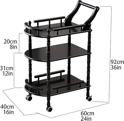 Entertainment Kitchen Cart, Midcentury Modern Imported rubberwood Black Finished Wood 3-Tier Mobile Bar Cart Serving Cart
