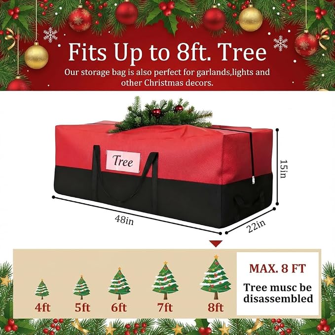 Christmas Tree Storage Bag - Fits Up to 8 Ft Tall Artificial Trees, Heavy Duty Holiday Storage Box With Reinforced Handles, Zipper & Transparent Pocket - 600D Oxford Container, Red