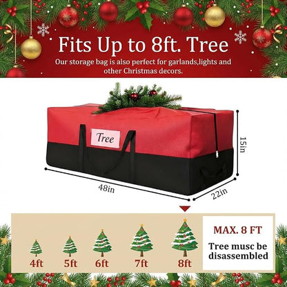 Christmas Tree Storage Bag - Fits Up to 8 Ft Tall Artificial Trees, Heavy Duty Holiday Storage Box With Reinforced Handles, Zipper & Transparent Pocket - 600D Oxford Container, Red