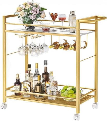 Joaxswe Bar Cart w/Wheels,2 Tier Home Bar Serving Cart,Flowing Gold | Rolling Beverage Cart w/ Wine Rack and Glass Holder,Modern Wine Cart w/ Storage Shelves for Kitchen, Living Room,Dinning Room