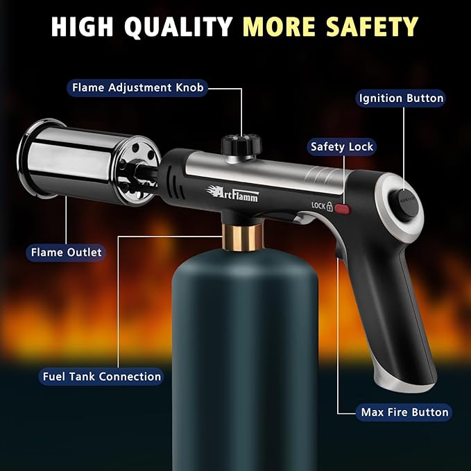 ARTFLAMM Powerful Propane Torch Gun, Flamethrower with Turbo Mode, Charcoal Torch Lighter with Safety Lock, Kitchen Blow Torch for Cooking, BBQ, Searing Steak, Grill(Tank Not Included)