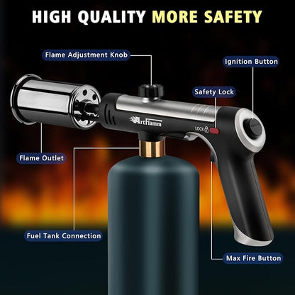 ARTFLAMM Powerful Propane Torch Gun, Flamethrower with Turbo Mode, Charcoal Torch Lighter with Safety Lock, Kitchen Blow Torch for Cooking, BBQ, Searing Steak, Grill(Tank Not Included)