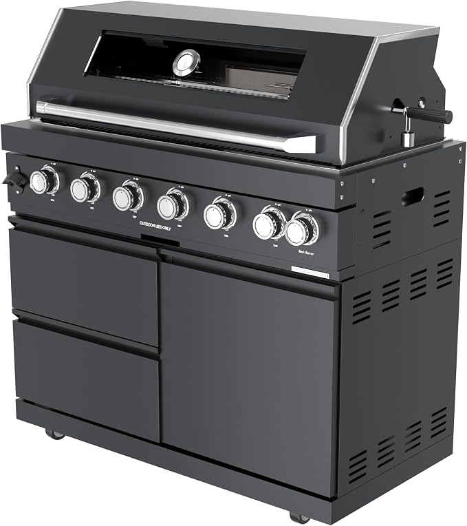 108" 6-Burner 85000 BTU Outdoor Kitchen Island,304 Stainless Steel Modular LPG BBQ Grill Combination With Granite Countertops, Cabinet, Refrigerator and Sink (108"-Black with Canopy, Propane Gas)