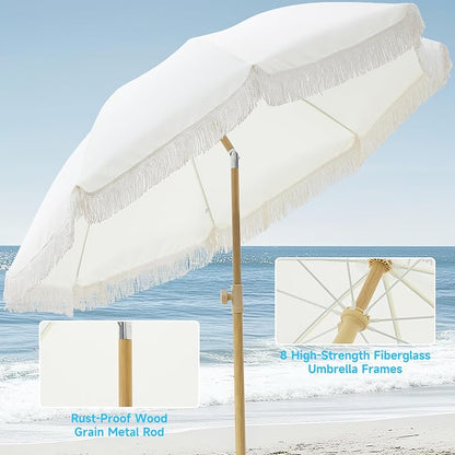 7FT Boho Patio Umberlla with Fringe,UPF50+ Outdoor Umbrella with Fiberglass Ribs and Push Button Tilt,Tassels Umbrella for Beach,Terrace,Picnic