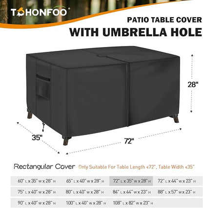 Rectangle Patio Table Cover with Umbrella Hole - 72" L x 35" W x 28" H (Cover Size，NOT Table Size) Heavy Duty Waterproof 600D Oxford Fabric Outdoor Lawn Patio Furniture Covers