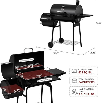 Royal Gourmet CC1830SC Charcoal Grill Offset Smoker with Cover, 823 Square Inches, Black, Perfect for Backyard Cooking, Outdoor Camping