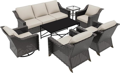 7 Piece Patio Furniture Set, Wicker Outdoor Conversation Set | Patio Chair Set with Olefin Removable Cushion, All-Weather Outdoor Couch with Deep Seat for Porch, Deck and Backyard, Beige