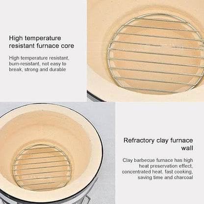 Table Top Round Clay Charcoal Stove, Japanese Ceramic Pottery Barbecue Stove, Outdoor Charcoal Stove with Wire Mesh Grill (A)