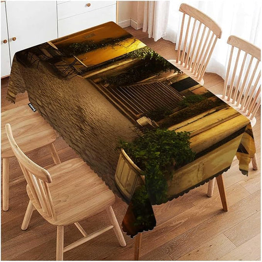 Swono Old Courtyard Rectangle Tablecloth Italy Houses Street Night Cityscape Table Cloth Dining Table Cover for Home Kitchen Restaurant Party Buffet Picnic, 52x70 Inch