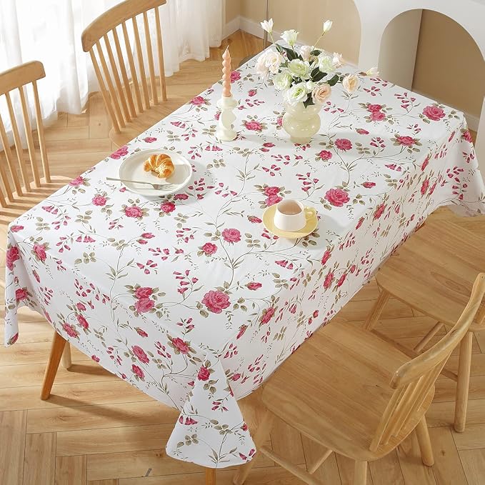 Spring Summer Vinyl Tablecloth with Flannel Backing Rectangle 52 x 70 Inch | Waterproof Stain Resistant Floral Plastic Table Cloth, PVC Table Cover for Dining, Party, Picnic, Outdoor, Rose