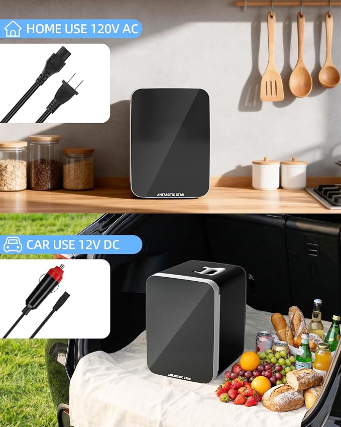 Antarctic Star 10L Compact Mini Fridge, 2.6 Gal Portable Small Refrigerator | Small Desktop Fridge with AC/DC Adapters, Cosmetics Cooler for Beverage, Food, Skincare, Bedroom, Office, Dorm, Black