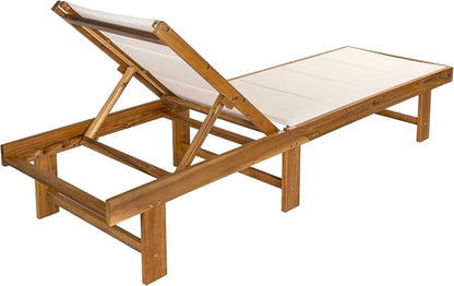 JONATHAN Y Lagunan 23.62" x 77.17" Acacia 5-Position Chair, White/Natural | Modern Coastal Reclining Patio Lounger, Foldable, Teak Oil Finish, 350lb Capacity, Breathable Mesh Sling Seat, Armless Design