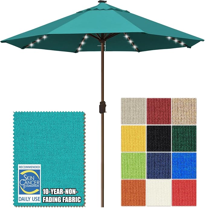 EliteShade USA 10-Year-Non-Fading 10ft Market Patio Umbrella, Commercial Grade Table Sun Umbrella with 80 Solar LED Lights, Crank Open, Windproof & UPF 50+ UV Protection for Garden, Deck, Pool, Backyard, No Tilt, Teal