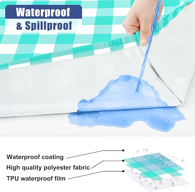 Smiry Picnic Table Cloth 2 Pack, Waterproof Elastic Fitted Tablecloths for 6FT Rectangle Tables, Washable Polyester Buffalo Plaid Tablecloth for Camping, Dining & Outdoor (Teal & White, 30" x 72")