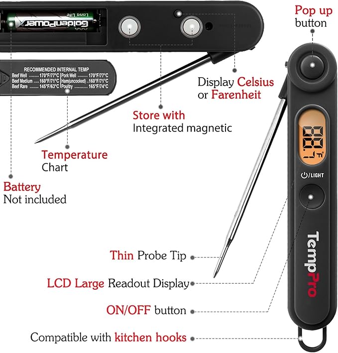 TempPro Digital Meat Thermometer with Temperature Indicator, Instant Read Food Thermometer with Pop-up Meat Probe and Backlight for Oil Deep Fry Smoker BBQ Grill Kitchen Candy (Previously ThermoPro)