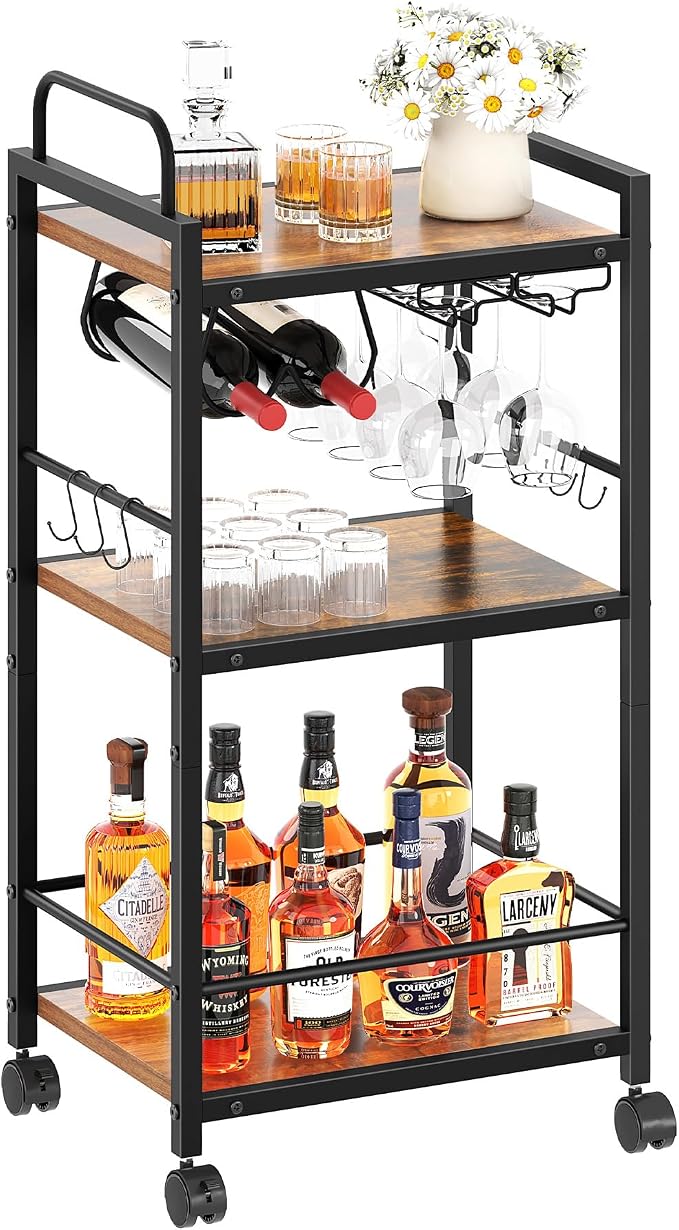 Bar Cart for The Home, 3 Tier Kitchen Carts with Wheels, Small Rolling Cart with Glass Holders, Wine Rack, Mini Bar Cart for Kitchen, Dining room, Living Room, 13.0"D x 17.0"W x 33.8"H, Rustic Brown