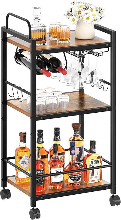 Bar Cart for The Home, 3 Tier Kitchen Carts with Wheels, Small Rolling Cart with Glass Holders, Wine Rack, Mini Bar Cart for Kitchen, Dining room, Living Room, 13.0"D x 17.0"W x 33.8"H, Rustic Brown