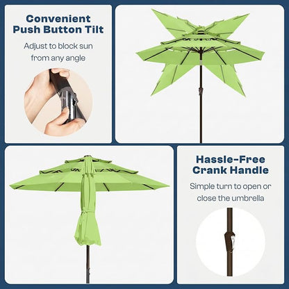 10ft 3 Tier Patio Umbrella, Outdoor Market Table Umbrella with UPF 50+ Vented Canopy, 8 Sturdy Ribs, Easy Push Button Tilt and Crank, Windproof for Deck, Pool, Backyard and Garden