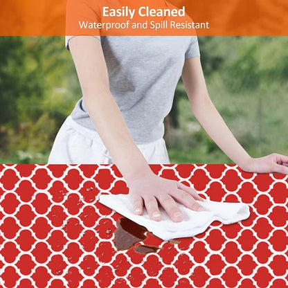 KENOBE 8ft 96in Picnic Table and Bench Cover, 3 Pack, Red-White Moroccan | Waterproof, Windproof, Elastic Fitted Edges Tablecloth, for Rectangle Table & Seat, Camping Essentials RV Gear