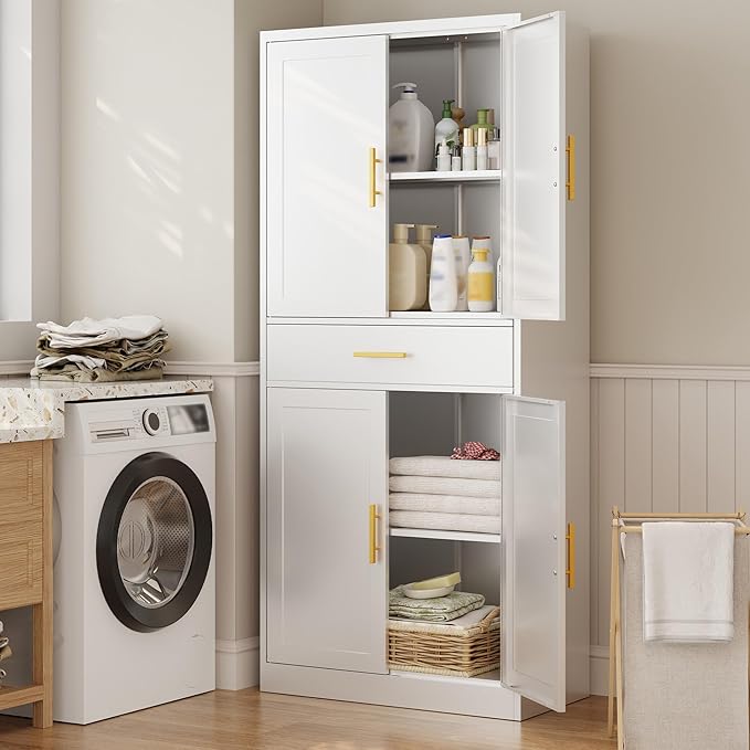 CJF 71" Metal Kitchen Pantry Cabinet with Drawer, Tall Storage Cabinet with 2 Adjustable Shelves and 4 Doors, Heavy Duty Freestanding Floor Cupboard for Home, Kitchen, Dining, Living, White