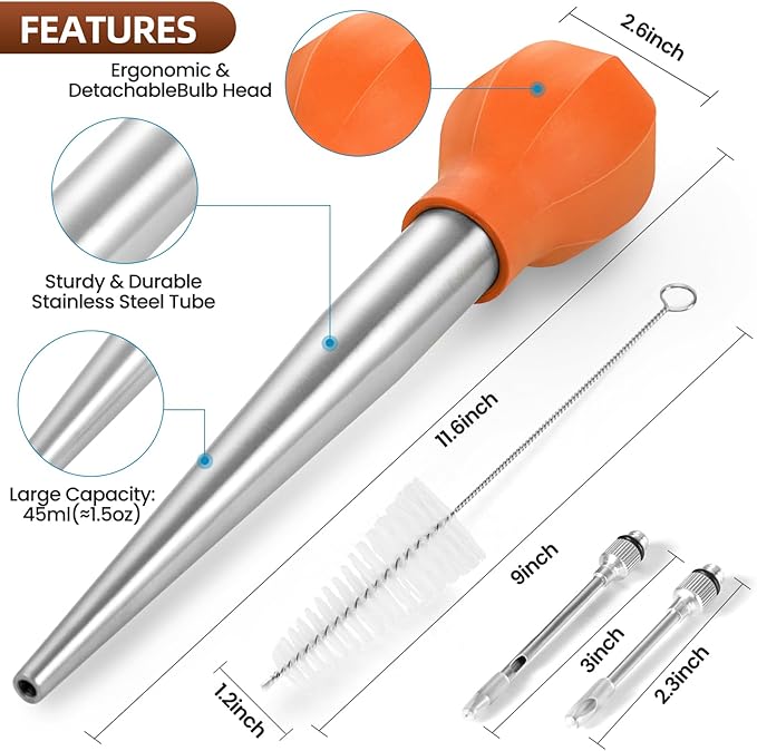 SCHVUBENR Large Turkey Baster Set - Stainless Steel Baster Tool for Cooking - Includes Basting Brush, Cleaning Brush & Injector Needles - Heavy Duty Baster Syringe - Flavor Meat Poultry, Beef - Orange