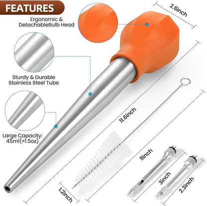 SCHVUBENR Large Turkey Baster Set - Stainless Steel Baster Tool for Cooking - Includes Basting Brush, Cleaning Brush & Injector Needles - Heavy Duty Baster Syringe - Flavor Meat Poultry, Beef - Orange