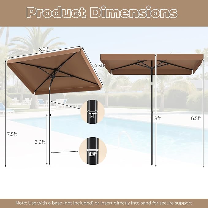 Tangkula 6.5 x 4.3 FT Rectangular Patio Umbrella, Portable Outdoor Market Table Umbrella with Push Button Tilt for Balcony Garden Backyard Deck Pool (Tan)