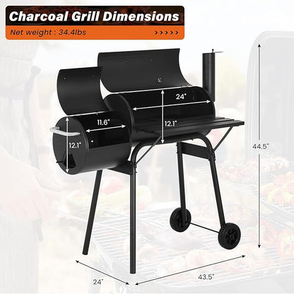 Charcoal Grills & BBQ Grill，43" Outdoor Offset Smoker Barbecue Grill with Built-in Thermometer & Wheels for Backyard, Patio, Camping