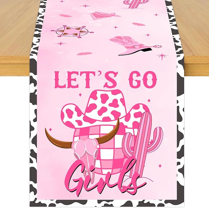 Disco Cowgirl Theme Table Runner, Pink Let’s Go Girls Linen Fabric Table Runner for Everyday Use 72 x 13 Inches, Washable Table Cover for Indoor Outdoor Kitchen Dining Table Decor