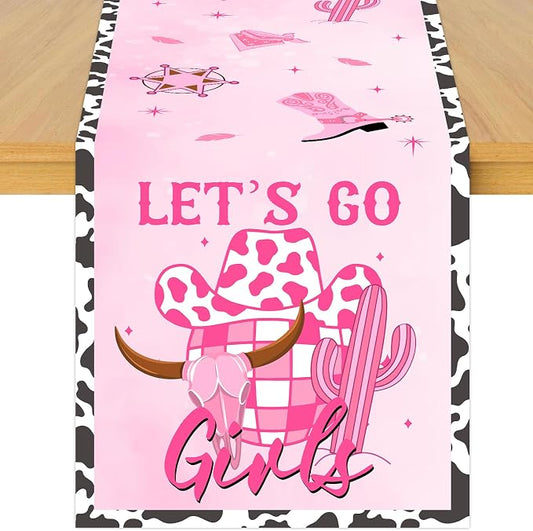 Disco Cowgirl Theme Table Runner, Pink Let’s Go Girls Linen Fabric Table Runner for Everyday Use 72 x 13 Inches, Washable Table Cover for Indoor Outdoor Kitchen Dining Table Decor