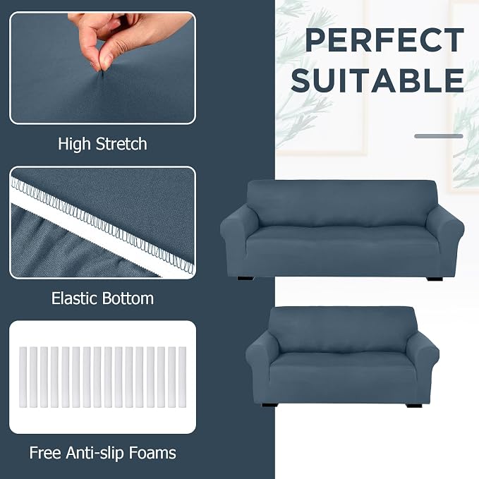 Peryiter 2 Pcs Couch and Loveseat Sofa Covers,Bluestone,Milk Silk | Armchair Covers for Living Room, Sofa Cushion Slipcover 2/3 Seater, Furniture Protector, Polyester and Spandex, Washable