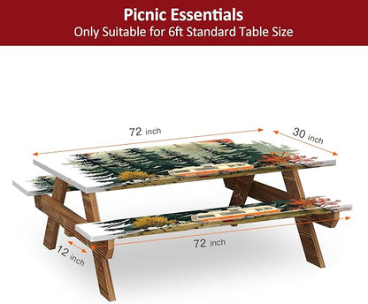 6ft 72in Picnic Table and Bench Cover, 3 Pack, RV Serenity | Drawstring Bag, Waterproof Windproof, Elastic Fitted Edges Tablecloth, for Rectangle Table & Seat, Camping Essentials RV Gear