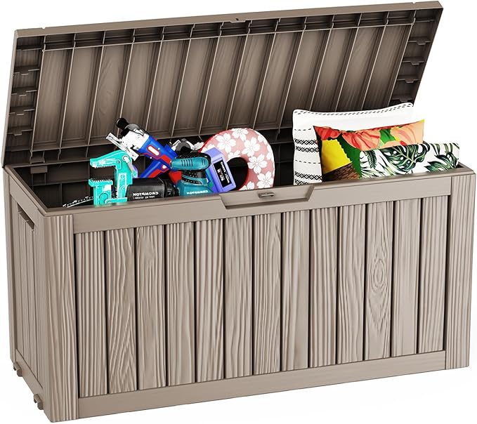 Pepe Tee Waterproof Resin Deck Box, Outdoor Storage Bin for Patio Furniture Cushions, All-Weather Garden Organizer & Seating Bench, Coffee