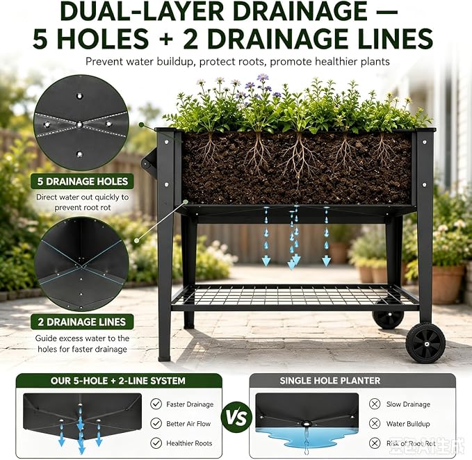 LEETOLLA Elevate 32" Raised Garden Bed with Wheels | Elevated steel planter box for outdoor vegetables, herbs, and flowers. 400 lb capacity with drainage and shelf.
