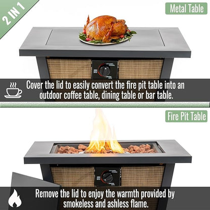 KEIKI 28 Inch Outdoor Propane Fire Pit Table, Square Gas Firepit with Textilene Side Panels, 50000 BTU Heating for Garden Deck with Cover