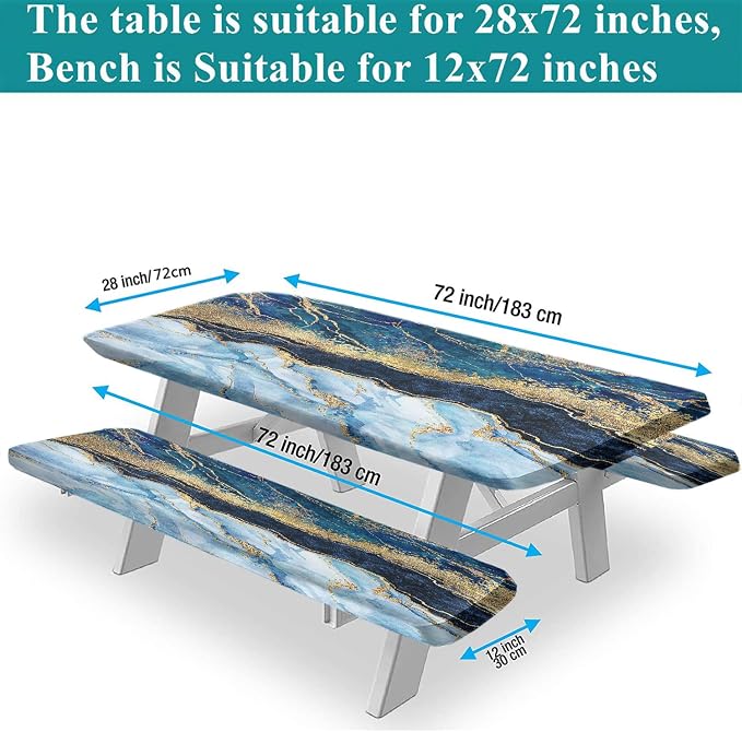 Marble Picnic Table Cover with Bench Covers, 3 Pieces Set, Blue Golden Marble Texture Elastic Fitted Rectangle Tablecloths, 72x28 Inch, Great for Picnic Party Outdoor Patio Camping Use